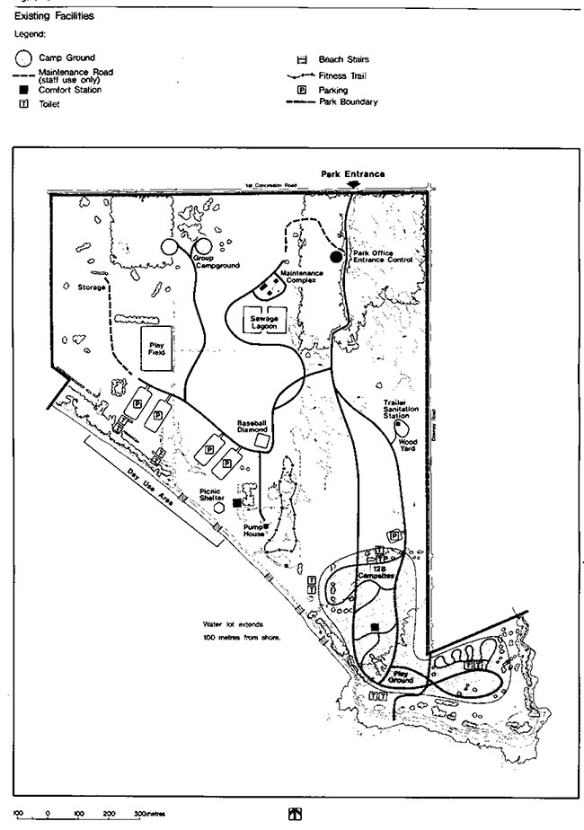 This map provides detailed information about existing facilities in Rock Point Provincial Park.