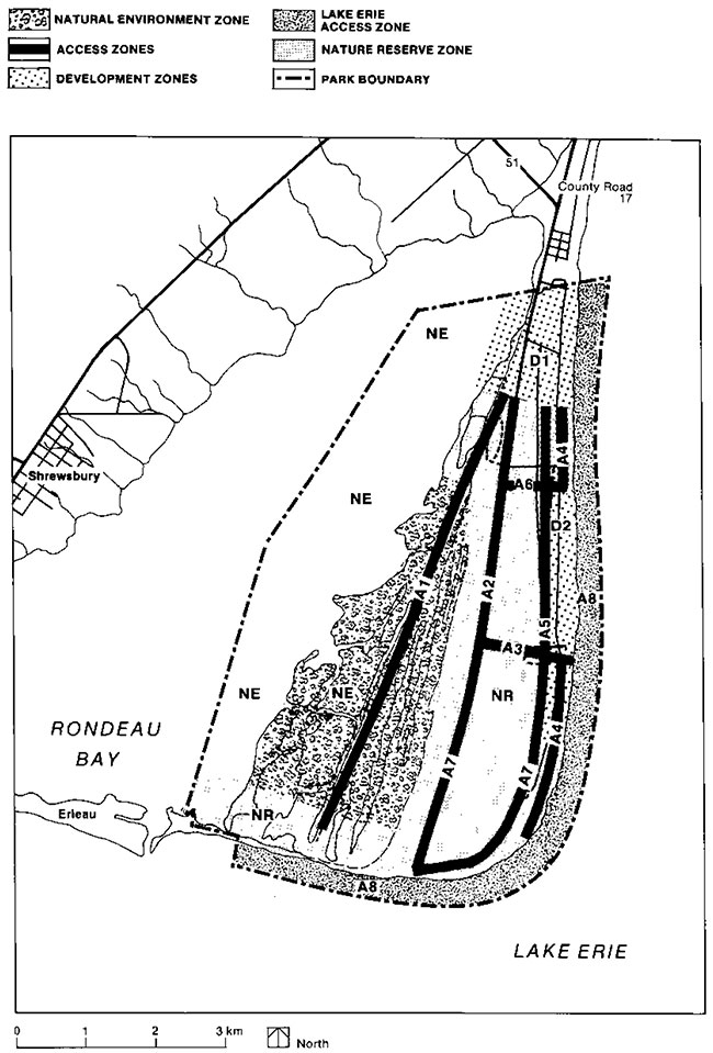 This map provides detailed information about Park Boundary and Zoning in Rondeau Provincial Park.