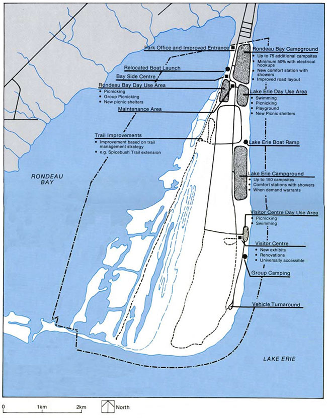 This map provides detailed information about Proposed Development in Rondeau Provincial Park.