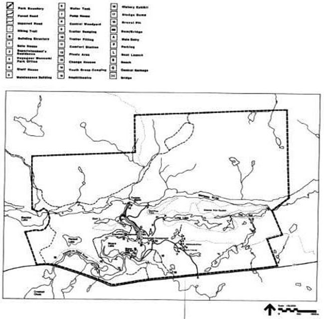 This map provides detailed information about Samuel de Champlain Provincial Park Existing Development.