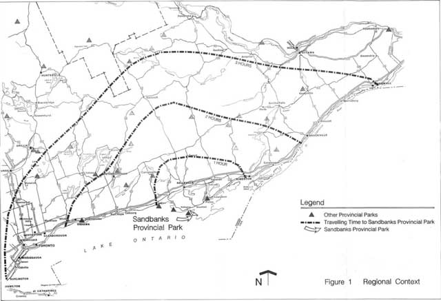 Grey scale line map indicates traveling time to Park. Black triangle indicates other parks, and white arrow indicates location of Sandbanks Provincial Park.