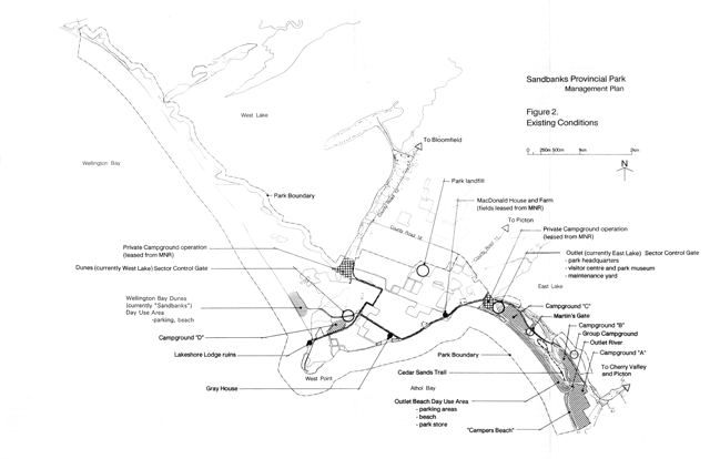 Greyscale map indicates exisitng conditions and lists features and facilities of the Park.