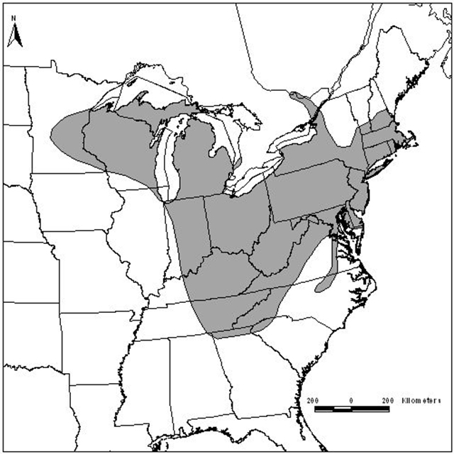 This is a map of the south eastern section of North America depicting the distribution the Northern Barrens Tiger Beetle.