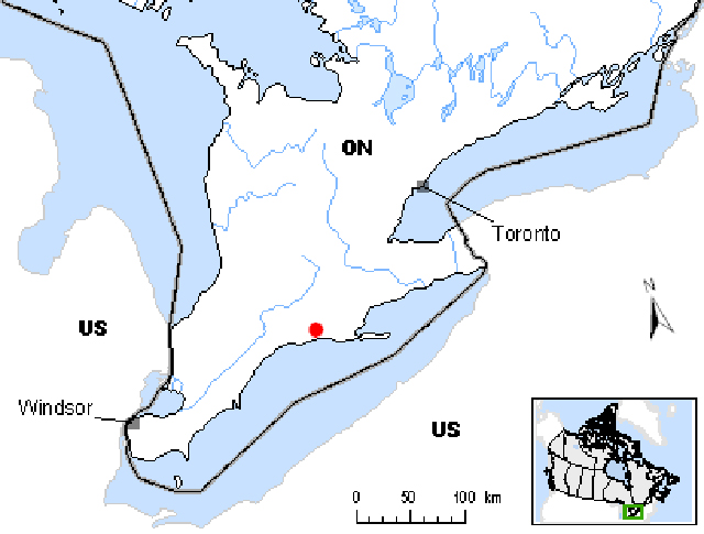 map indicates the distribution of the small whorled pogonia in eastern North America.