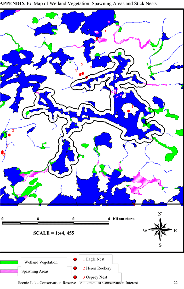Colour map indicates wetlands in green, spawning areas in pink and Eagle Nest, Heron Rookery and Osprey nest with red dots.