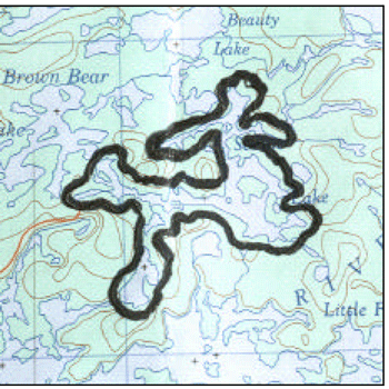 Colour map indicates boundary of Natural Heritage Area with black line on green and blue map of Scenic lake.