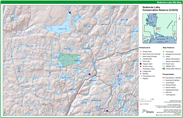 Infrastructure, base feature, and transportation map of Seahorse Lake conservation reserve.