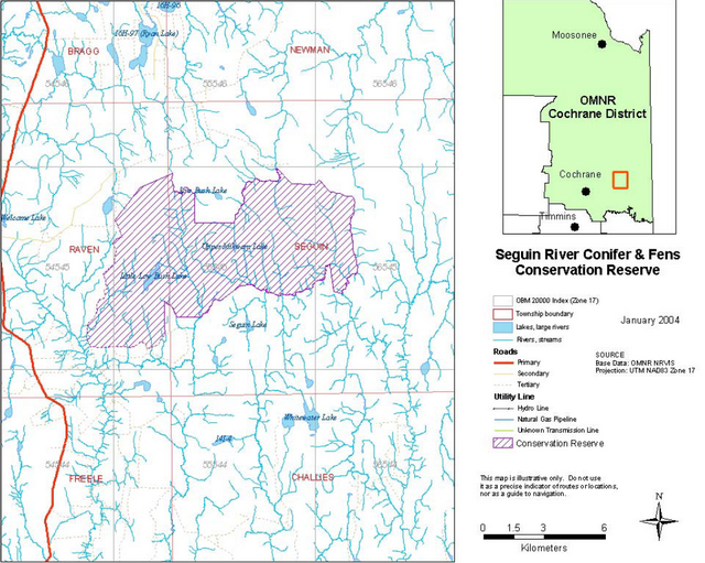 This map shows the location and boundary of the Seguin River Conifer and Fens Conservation Reserve.