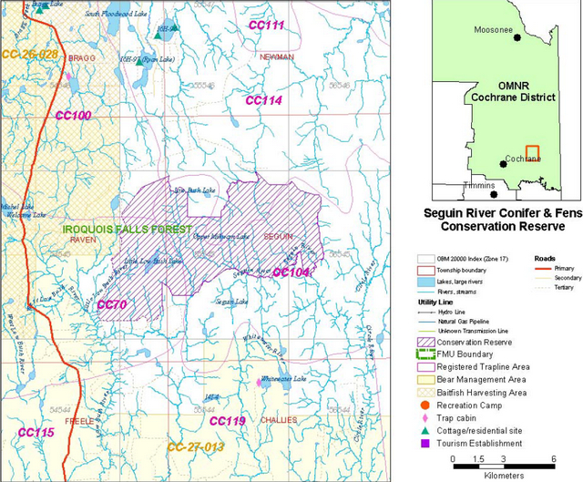 This map shows the land use activities within the Seguin River Conifer and Fens Conservation Reserve