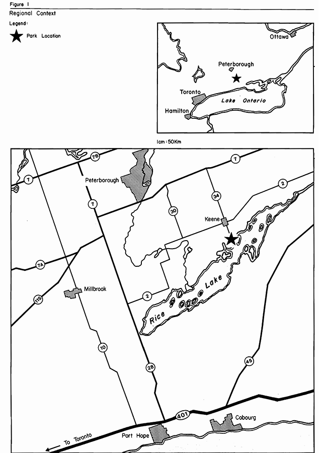 Map of Serpent Mounds Provincial Park showing its location relative to nearby towns, cities and lakes.
