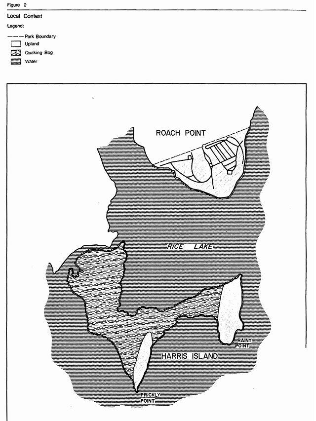 Local context map of Serpent Mounds Provincial Park showing park boundary, uplands, quaking bog and water bodies.