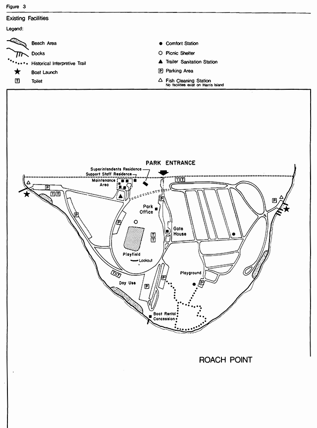 Map of the Roach Point area in Serpent Mounds Provincial Park indicating existing facilities in the area.