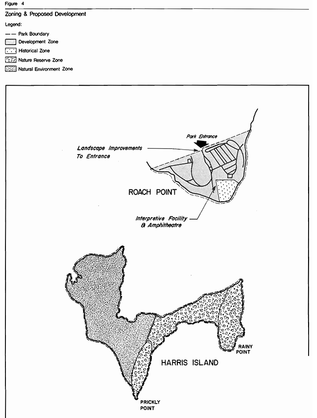 Figure showing zoning and proposed development areas, development, historical, nature reserve and natural environment zones and park boundaries of Roach Point and Harris Island in Serpent Mounds Provincial Park.