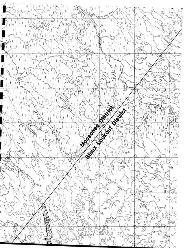 Map of Severn River Provincial Park, continued, showing the border between Moosonee District and Sioux Lookout District.