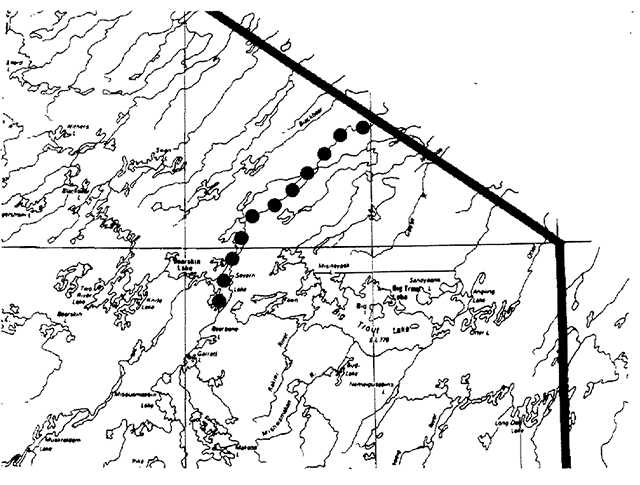 Regional setting map showing the location of Severn River Provincial park marked with black circles and area boundaries.