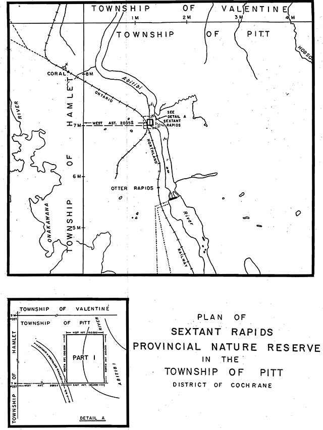 Plan map of Sextant Rapids Provincial Nature Reserve showing nearby township boundaries and an inset showing a detailed plan.