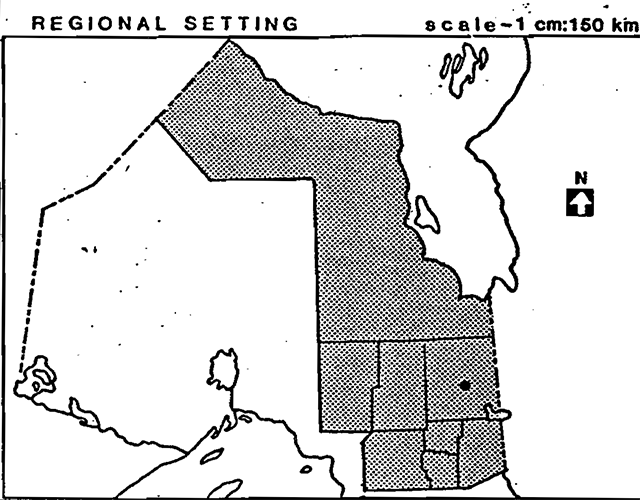 Regional setting map of Sextants Rapids Provincial Nature Reserve. The map scale is 1 centimetre to 150 kilometres.