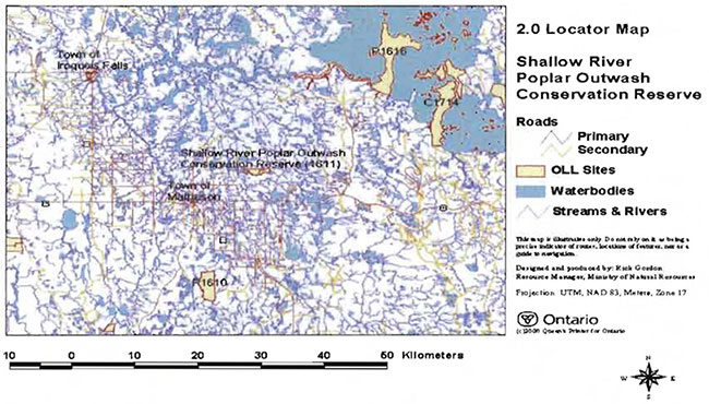 This map provides detailed information about Shallow River Polar Outwash Conservation Reserve, including information on primary and secondary roads, OLL sites, waterbodies, streams and rivers.