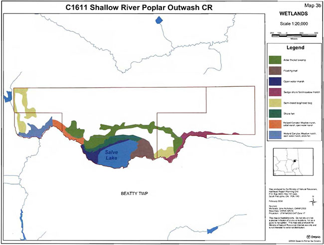 This map provides detailed information about Wetlands Shallow River Poplar Outwash Conservation Reserve.
