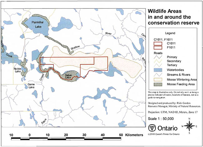 This map provides detailed information about Wildlife Areas in and around the Conservation Reserve.