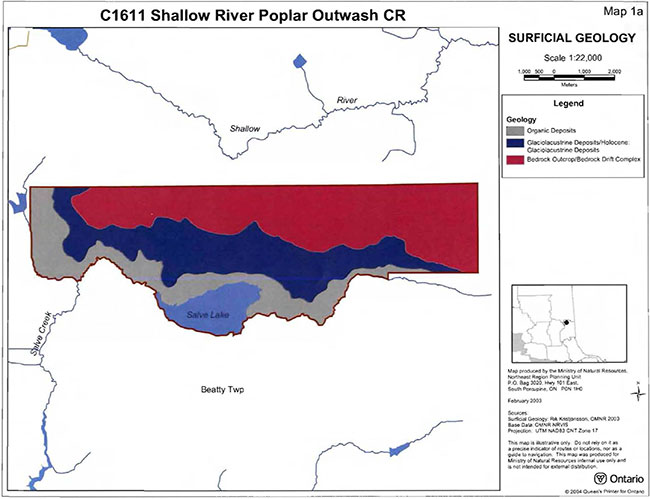 This map provides detailed information about Surficial Geology Shallow River Poplar Outwash Conservation Reserve.