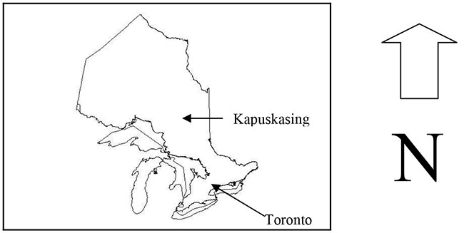 Inset of Ontario map showing location of Kapuskasing.