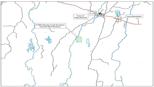 map provides detailed information about the location of Shanly Creek Drumlins Conservation Reserve in relation to Kapuskasing.