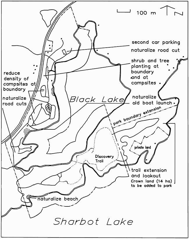 This map provides detailed information about proposed park development. Included is a second parking lot, shrub and tree planting, reduction of campsite density at boundary, road cuts, trail extension and lookout.