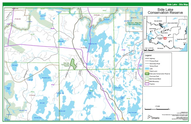 Map depicting Side Lake Conservation Reserve and adjacent land uses. Traplines, bait harvest areas and bear management areas are shown along with road infrastructure - both Highway 22 and forest access roads. Private property and provincial parks are also shown but neither are adjacent to the conservation reserve.