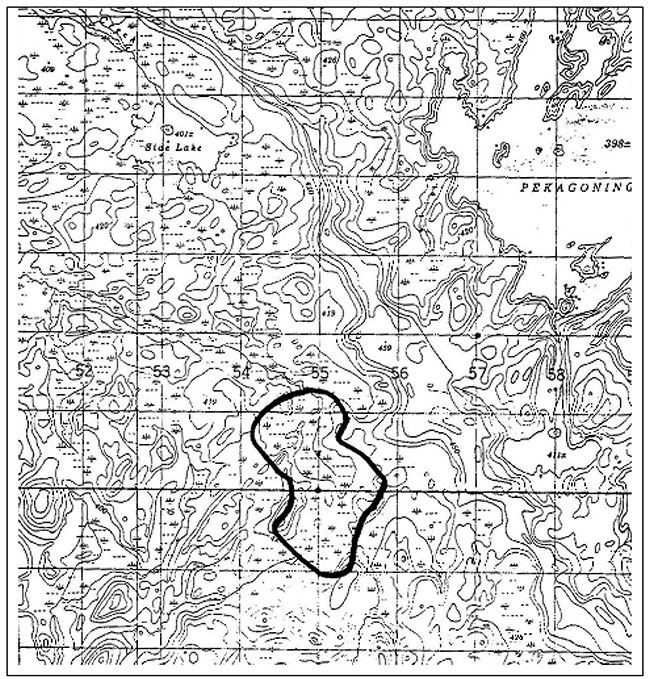 This map provides detailed information about Side Lake-Pattemed Peatland 52F/1 UTM5550.54400.