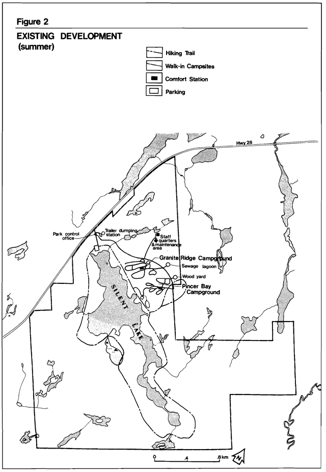 A map of existing summer developments for Silent Lake Provincial Park