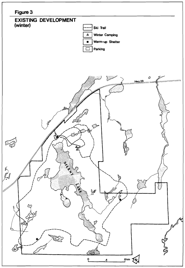 A map of existing winter developments for Silent Lake Provincial Park 