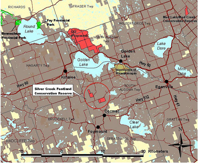 This map provides detailed information about Location Map of Silver Creek Peatland Conservation Reserve.