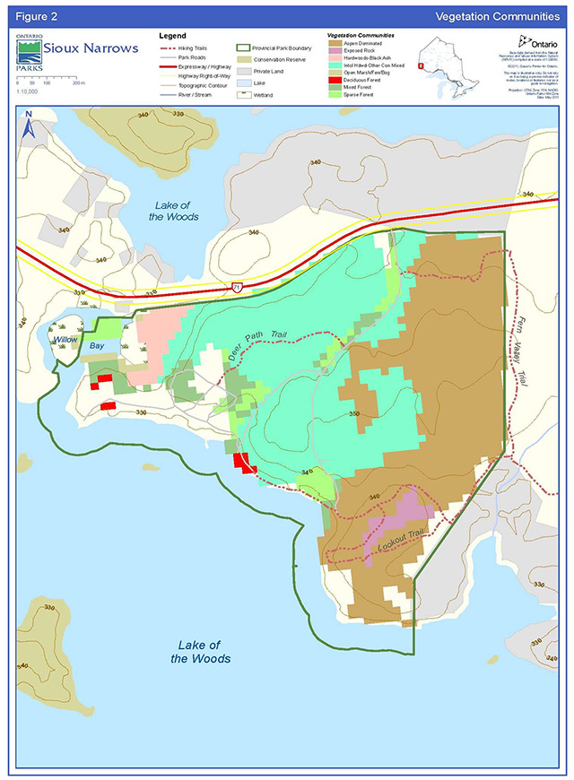 This is figure 2 map illustrating the vegetation communities in Sioux Narrows Provincial Park