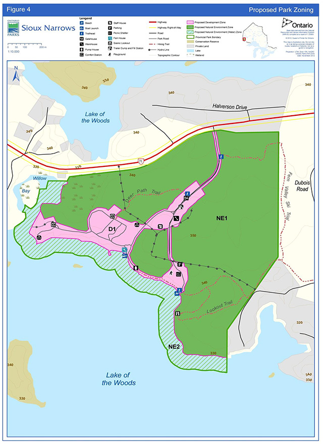 This is figure 4 map depicting the proposed park zoning for Sioux Narrows Provincial Park.