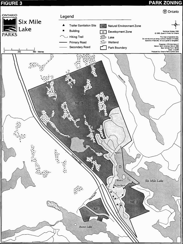 Map showing park zoning at Six Mile Lake Provincial Park