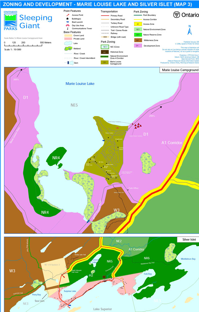 Colour map illustrates the Sleeping Giant zoning and development for two details, one of the Marie Louise Lake and the other for Silver Islet. The map has a 1:10,000 scale. Legend includes 5 sections: point features, utilities, park zoning, base features, and transportation.