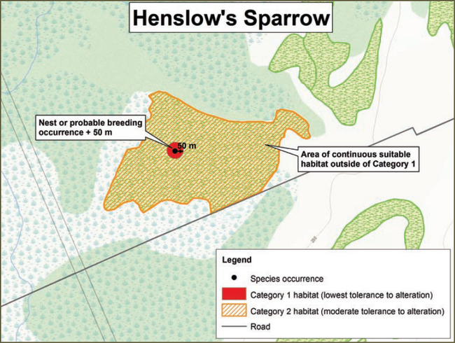 This is a map of the sample application of the general habitat protection for Henslow’s Sparrow