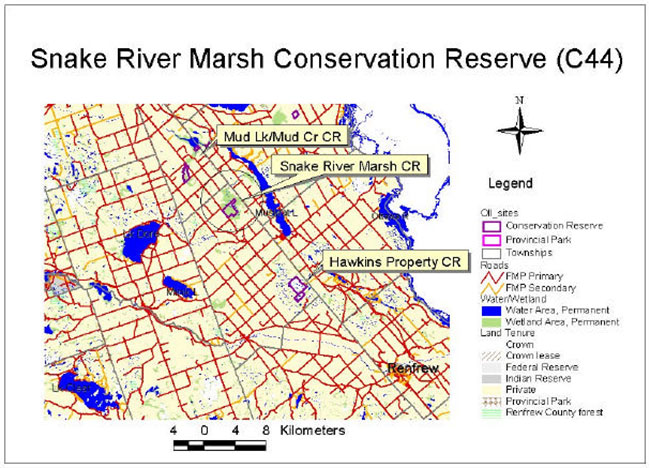 This map provides detailed information about Snake River Marsh Conservation Reserve’s location in relation to Mud Lake and Hawkins Property Conservation Reserves using colour to indicate area features such as roads, wetland areas, <abbr title=