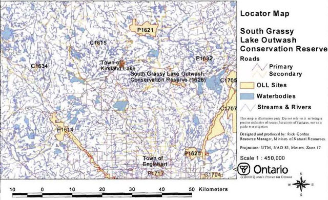 colour map of South Grassy Lake Outwash Conservation Reserve. Map shows primary and secondary roads, streams and rivers. Yellow areas represent Ontario Living Legacy sites and blue areas represent waterbodies.