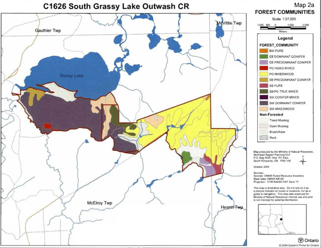 colour map of South Grassy Lake Outwash Conservation Reserve forest communities. Map shows eleven forest communities, and four non-forested communities.