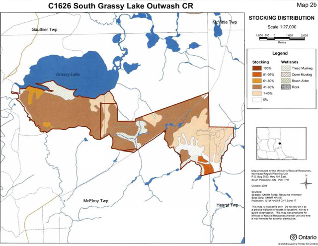 colour map of South Grassy Lake Outwash Conservation Reserve stocking distribution including four types of wetlands.