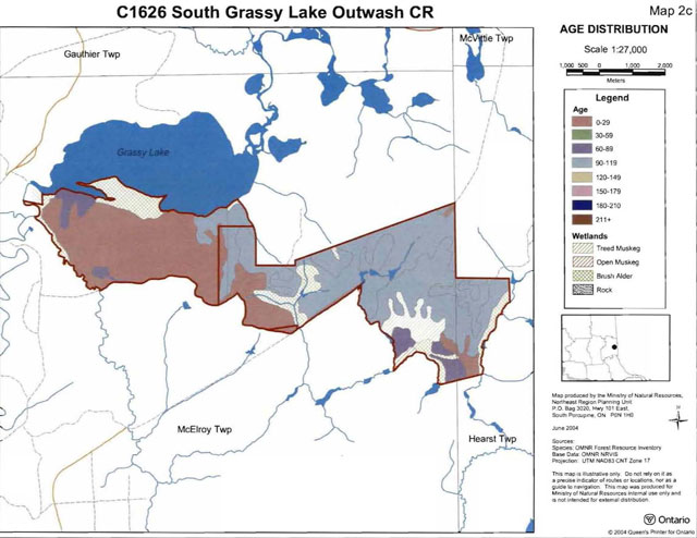colour map of South Grassy Lake Outwash Conservation Reserve age distribution including four types of wetlands.