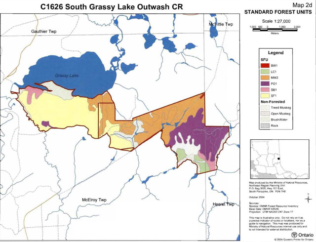colour map of South Grassy Lake Outwash Conservation Reserve standard forest units including four types of wetlands.
