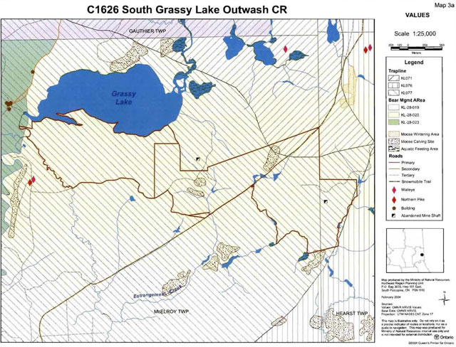 colour map of South Grassy Lake Outwash Conservation Reserve values including three traplines, three bear management areas, four types of roads and seven other features.