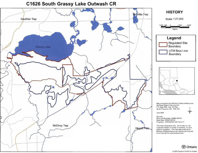 colour map of South Grassy Lake Outwash Conservation Reserve history. Areas outlined in brown represent regulated site boundaries and areas outlined in blue represent Universal Transverse Mercator blue line boundaries.