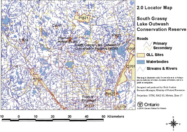 colour map of South Grassy Lake Outwash Conservation Reserve locator map. Map shows primary and secondary roads, streams and rivers. Yellow areas represent Ontario Living Legacy sites and blue areas represent waterbodies.