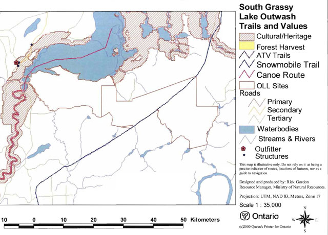 colour map of South Grassy Lake Outwash trails and values. Brown diagonally lined areas represent cultural/heritage trails, yellow areas represent forest harvest, brown outlined areas represent Ontario Living Legacy sites, blue areas represent waterbodies, red building icons represent outfitters and black circles represent structures. Map also shows all terrain vehicle trails, snowmobile trails, canoe routes, primary, seconday and tertiary roads and streams and rivers.