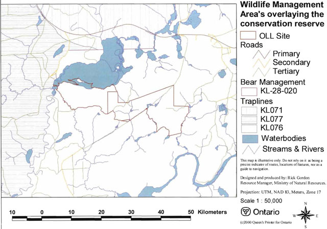 colour map of wildlife management area’s overlaying the conservation reserve. Brown outlined areas represent Ontario Living Legacy sites, blue areas represent waterbodies. Map shows KL-28-020 bear management area, and KL071, KL077, KL076 traplines. Map also shows primary, seconday and tertiary roads, streams and rivers.