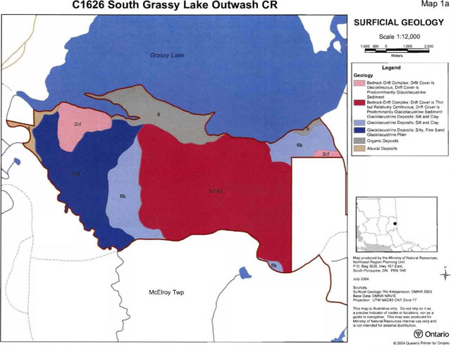 colour map of the South Grassy Lake Outwash Conservation Reserve surficial geology. Pink areas represent bedrock-drift complex: drift cover is discontinuous, drift cover is predominantly glaciolacustrine sediment, red areas represent bedrock-drift complex: drift cover is thin but relatively continuous, drift cover is predominantly glaciolacustrine sediment glaciolacustrine deposits: silt and clay, light blue areas represent glaciolacustrine deposits: silt and clay, dark blue areas represent glaciolacustrine deposits: silty, fine sand glaciolacustrine plain, grey areas represent organic deposits, and brown areas represent alluvial deposits.